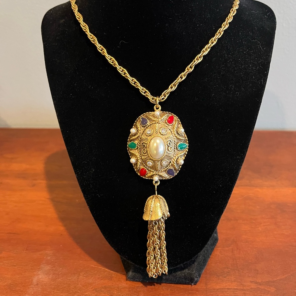 Vtg Byzantine Style Gold Tone Necklace Faux Pearl, Enamel, Rhinestones, 27 in